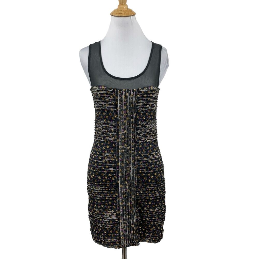 Free People Dress Womens XS Extra Small Gray Floral Shimmy Bodycon Mesh Panel
